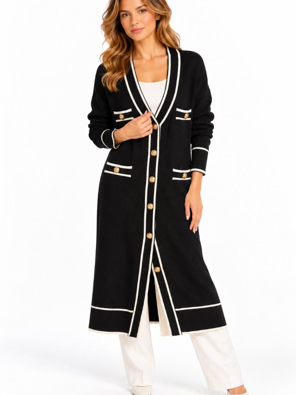 River Island Black & Cream Longline Cardigan Size L Gold Button Detail